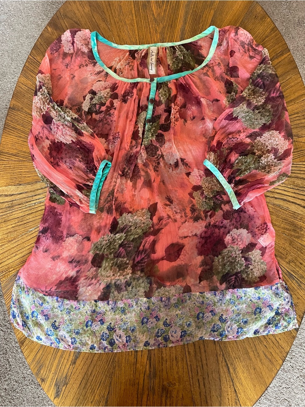 Silk Sheer Coral Floral Tunic with Teal Trim